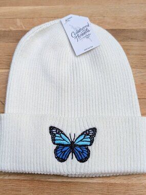 Cuffed Beanie Hat with Blue Embroidered Butterfly Patch - NWT